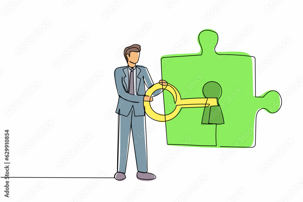 Aufkleber single continuous line drawing businessman putting big key into puzzle piece. completing project met