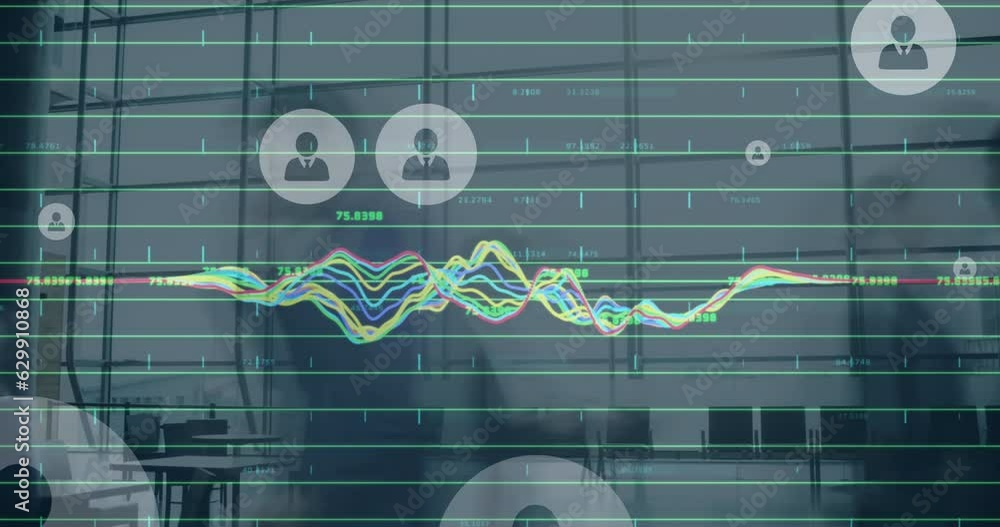 Wall mural Animation of data processing and profile icons floating over time-lapse of people walking at office