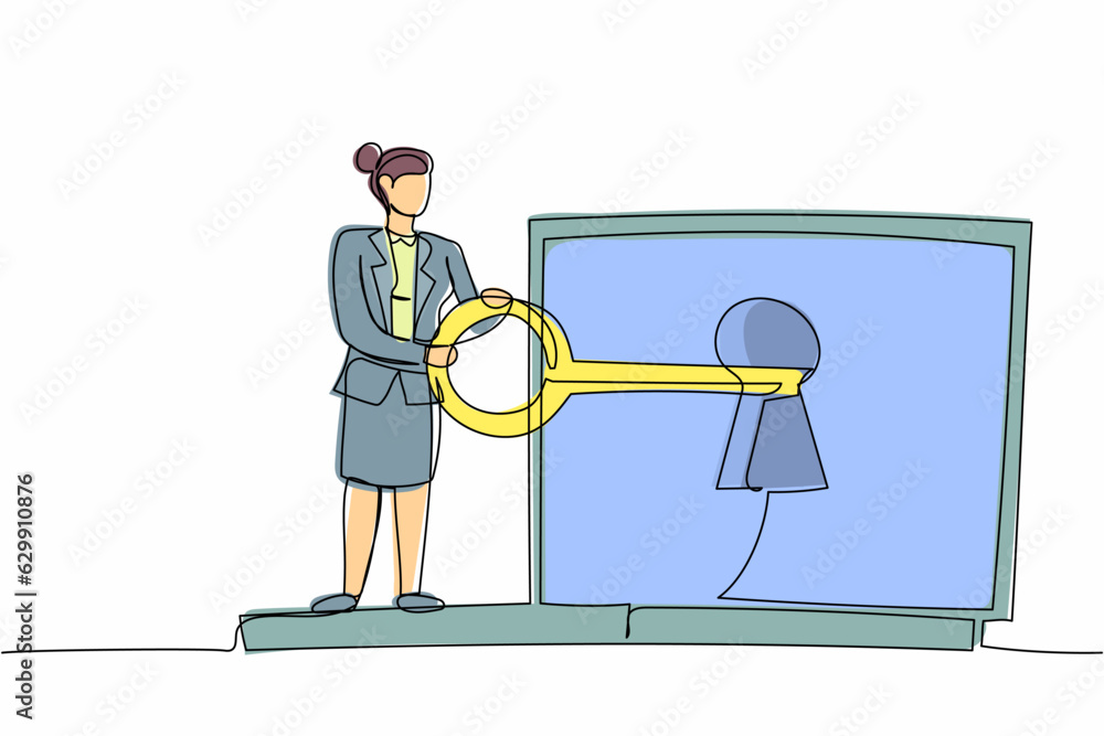 Poster single continuous line drawing businesswoman put key into laptop computer. internet security, access
