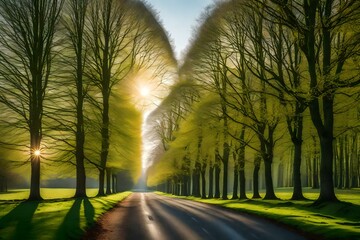 Beech tree avenue and road in morning sunlight in spring