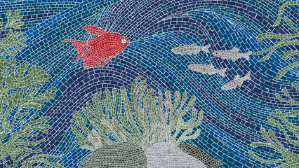 Underwater scene mosaic background with colored fishes, vector illustration
