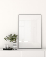 Mockup a poster picture frame in Interior living room design, modern minimalist style. Furniture cabinets, vases, white walls, 3D render