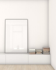 Mockup a poster picture frame in Interior living room design, modern minimalist style. Furniture cabinets, books, white walls. 3D render
