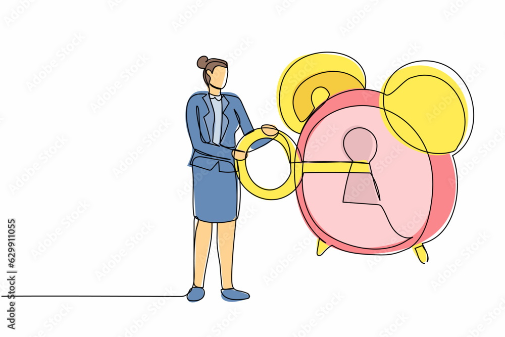 Poster single continuous line drawing businesswoman put key into alarm clock. female manager unlock deadlin