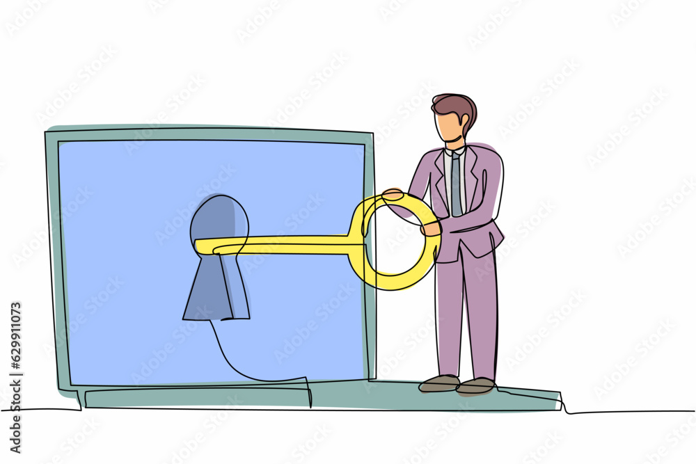 Poster single one line drawing businessman putting big key into laptop. internet encryption, access to encr