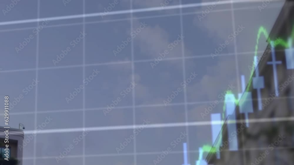 Poster animation of statistical data processing over grid network against low angle view of tall building