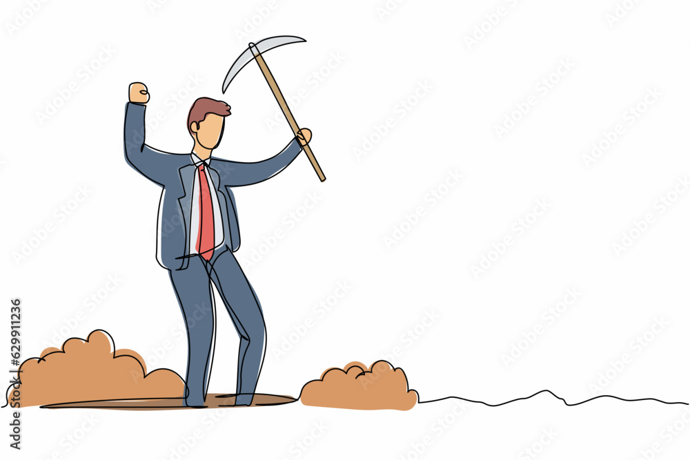 Aufkleber continuous one line drawing happy businessman in hole prancing while lifting pickaxe with hands. mal