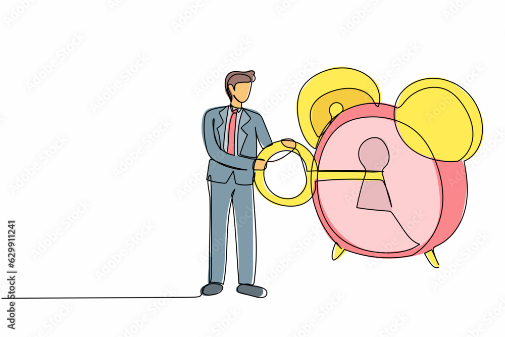 Poster continuous one line drawing businessman putting big key into alarm clock. male manager in business s