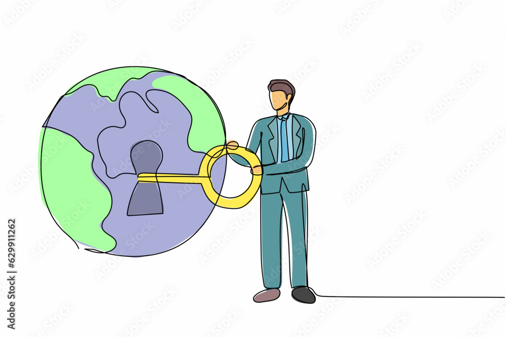 Poster single continuous line drawing businessman putting big key into globe. world protection from global 
