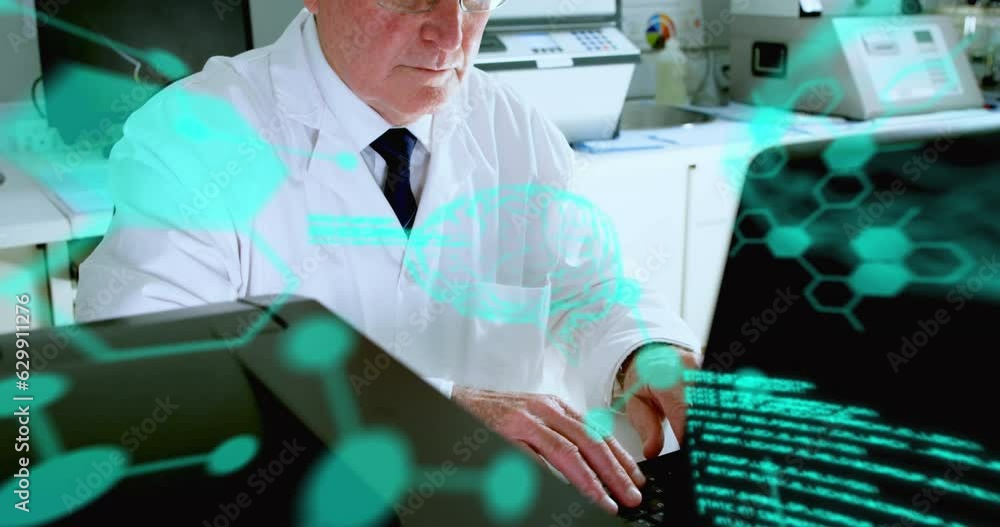 Aufkleber animation of medical data processing on caucasian senior male scientist using computer at laboratory
