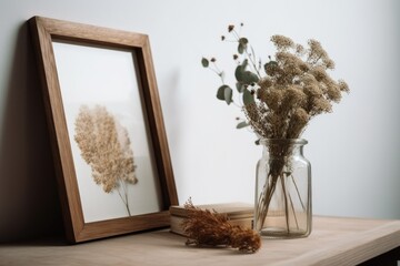 a wooden frame with a white inlay within, along with a glass vase filled with white dried flowers. a picture frame against a white wall. Generative AI