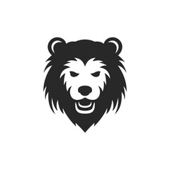 Angry lion carnivorous predator muzzle with furry mane black monochrome logo vector