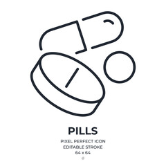 Pill, drug, medicine editable stroke outline icon isolated on white background flat vector illustration. Pixel perfect. 64 x 64.