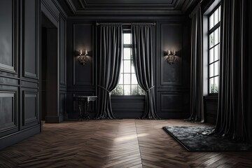 A wood floor and a modern classic black interior wall with moldings, curtains, and a hidden entrance. mock up for an illustration. Generative AI