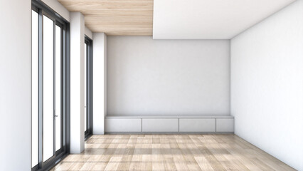 An empty interior living room with wooden floors and curtains in natural light is perfect for any interior design or home decor inspiration. 3D render