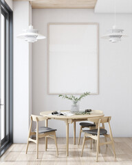 Mockup poster frame in a modern minimalist style interior. White walls, wooden floors, dining tables, ceiling lights. 3D render