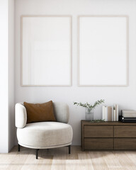 Obraz na płótnie Canvas mockup poster frame in a modern minimalist style interior. White walls, armchair, cabinet, wooden floors. 3D render