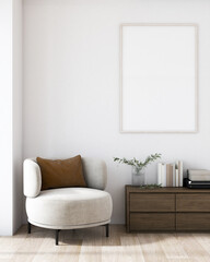 mockup poster frame in a modern minimalist style interior. White walls, armchair, cabinet, wooden floors. 3D render