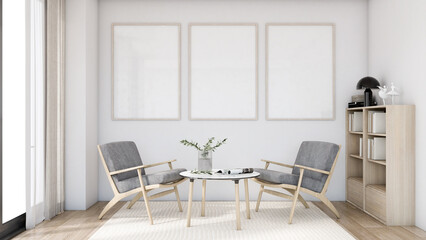 Mockup poster frame in a modern minimalist style interior. White walls, wooden floors, dining tables, ceiling lights. 3D render