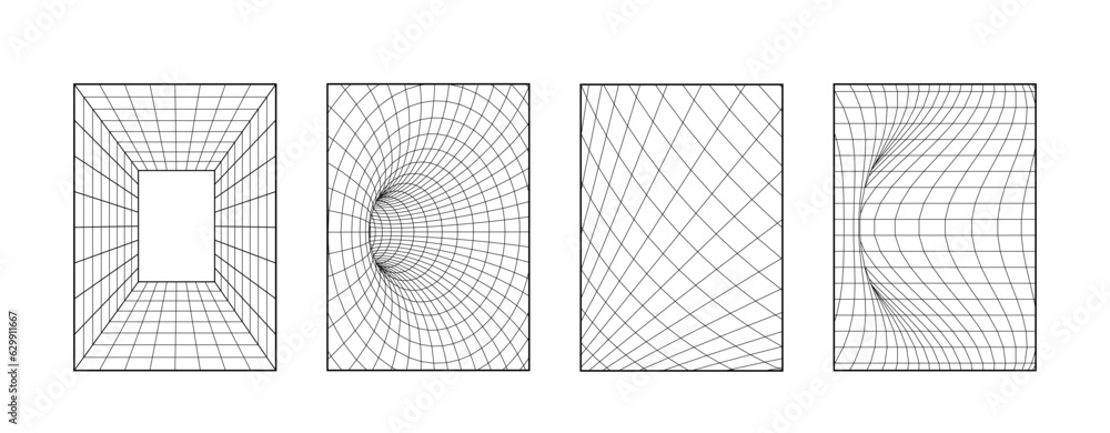 Aufkleber wireframe grid geometry backgrounds.abstract 3d cyberpunk elements vector set in trendy psychedelic 