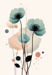 Poster with abstract flowers and circles on white background for home decor by Generative AI