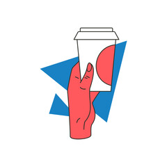 Obraz premium Woman hand holding coffee paper cup concept of to go take away drink beverage icon vector flat