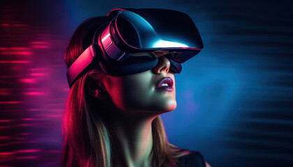 Young woman wearing Virtual Reality, VR headset