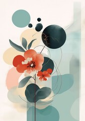 Poster with abstract flowers and circles on white background for home decor by Generative AI