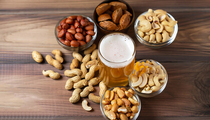 Glass of beer and almond, macadamia, peanut, cashew nut on the wooden background.