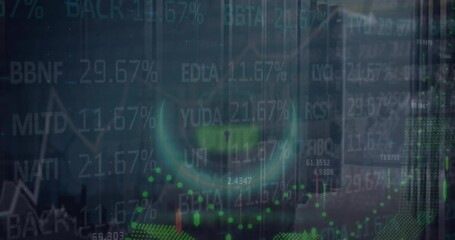 Animation of security padlock icon, financial and stock market data processing against server room - Powered by Adobe