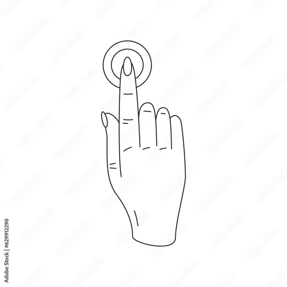 Poster woman finger click press circle button pointer cursor choice minimalist line art icon vector