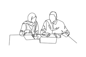 One continuous line drawing of two people in private meeting. Business training concept. Trendy single line draw