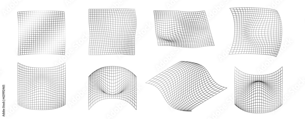 Poster distorted grid shapes isolated. retrofuturistic warped mesh grid. curved mesh abstract elements. ret