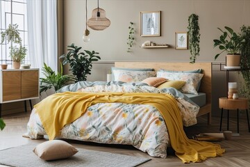 A pleasant, fashionable bedroom with colorful bed linens. Generative AI