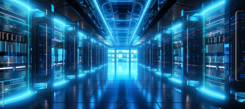 Poster Rows of server racks room data center background. Generative AI technology.	
