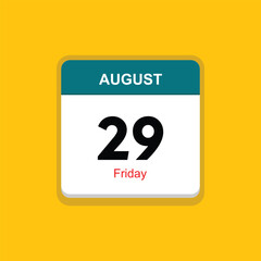 friday 29 august icon with yellow background, calender icon - obrazy, fototapety, plakaty