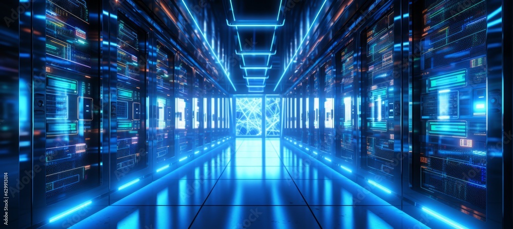 Aufkleber Super computer racks room data center background. Generative AI technology.	
