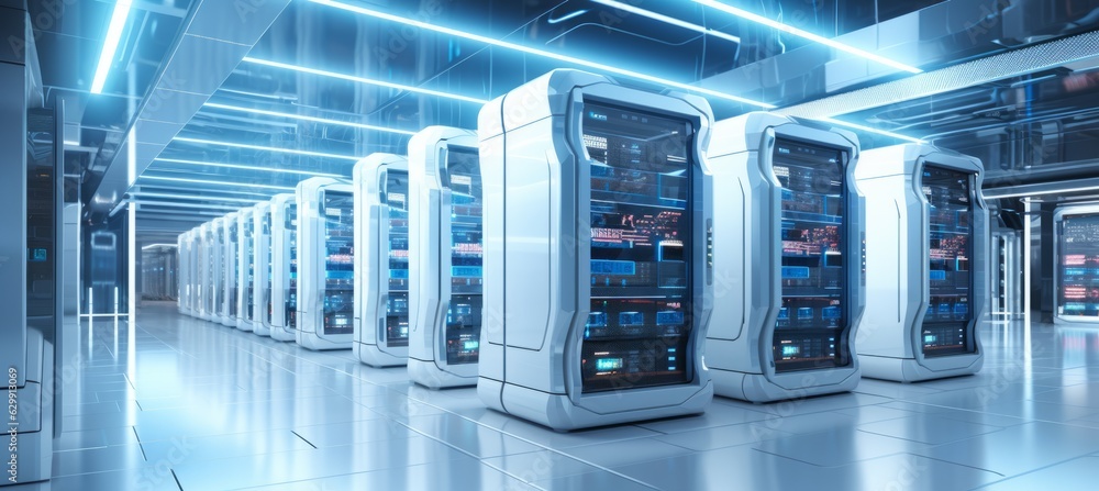 Aufkleber Futuristic server machine technology room data center background. Generative AI technology.