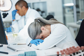 Science, sleeping woman and lab scientist with burnout, mental health anxiety or depression,...