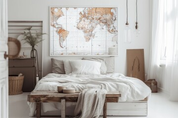 actual snapshot of a vertical white bedroom interior with natural materials and a map on the wall. Generative AI