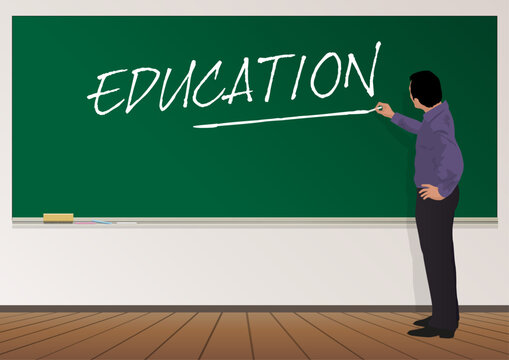Concept de l&rsquo;&eacute;cole et de la r&eacute;ussite scolaire, avec un professeur qui &eacute;crit le mot, &eacute;ducation sur le tableau de la classe.