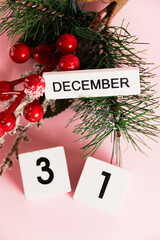 Flatlay, Christmas tree branch decoration and calendar with date 31 December on pink paper background with copy space. Christmas and New Year celebration concept