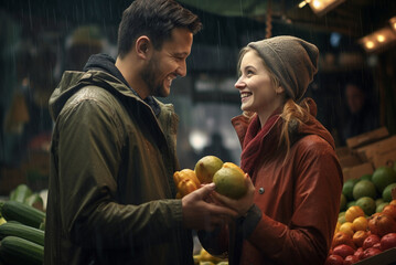 Smiling young couple buying fresh fruits and vegetables on a farmer market. Generative ai