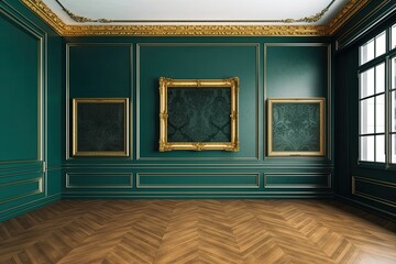 Auction house or museum exhibition, royal green wall, antique art fair gallery frame, blank template with white copyspace for mockup design, artwork concept. Generative AI