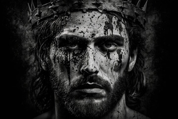 Jesus Christ wearing crown of thorns portrait. Crucifixion of Jesus the son of God. Generative Ai