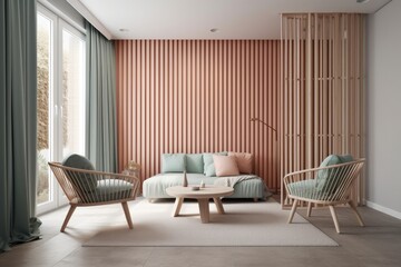 Fototapeta na wymiar A room that is empty with slatted walls in a pastel color scheme and a living area with comfortable rattan chairs. Generative AI