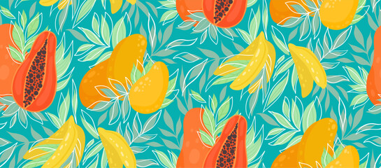Surface design with food. Vector summer texture with mango, papaya, bananas and lush foliage. Tropical pattern with fruits and leaves - 629914298