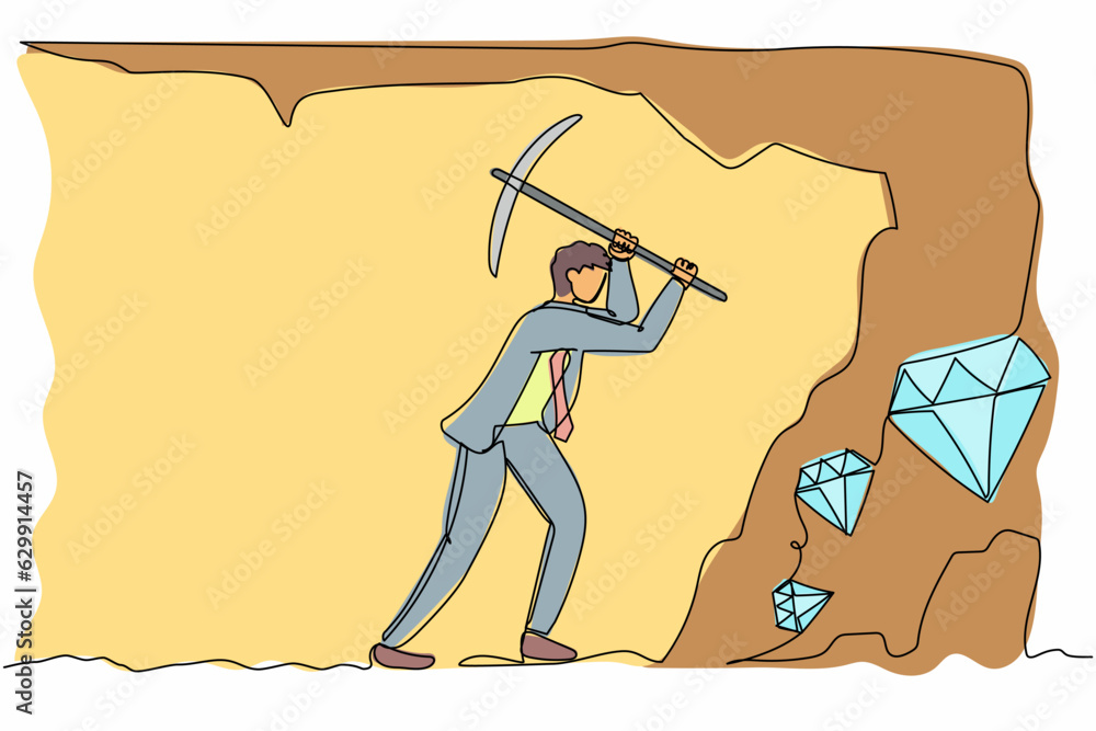 Poster single one line drawing active businessman digging with pickaxe to get diamond. worker digging and m