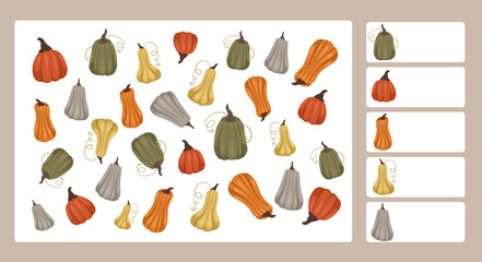 Vector template for autumn preschool games. I spy game worksheet. Childrens educational fun. Count how many pumpkins.