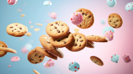 Close up of chip cookies flying in the air, levitation,rainbow palete